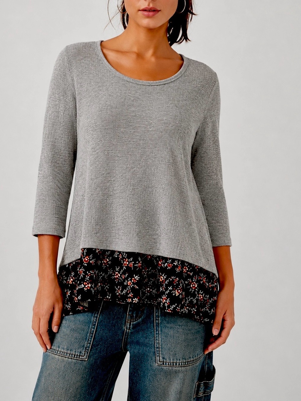 ODDI WAFFLE KNIT RIBBED TOP 1X/2X FLORAL HEM LO/HI WHIMSIGOTH COQUETTE ROMANTIC